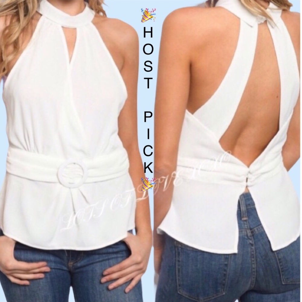 ❌DONATED❌White High Neck Belted Waist Detailed Top - Picture 1 of 9